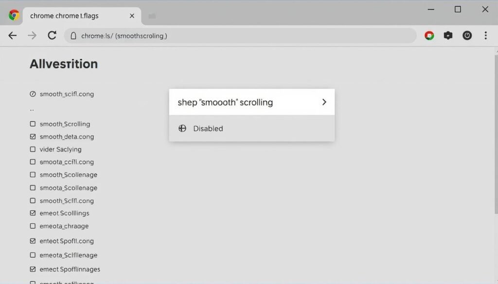 Chrome flags page showing how to disable smooth scrolling to fix Google Chrome flickering