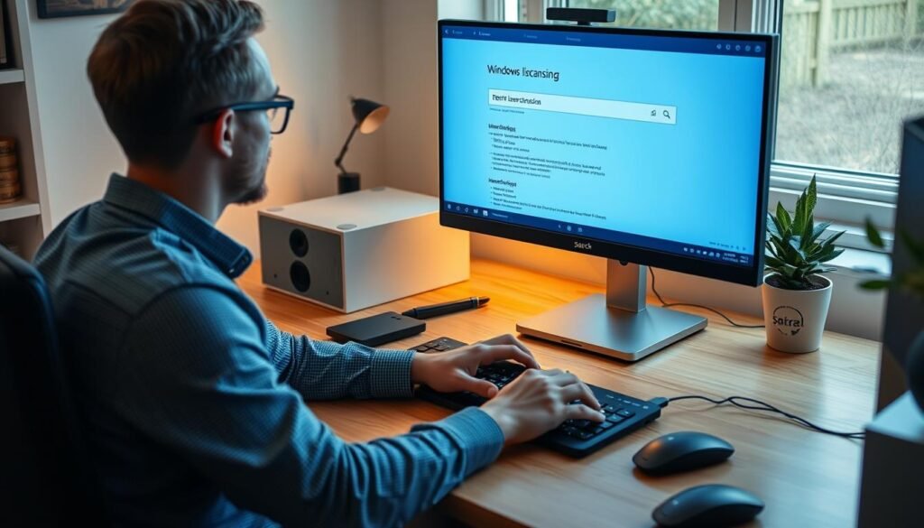 Person researching Windows 11 licensing options on computer