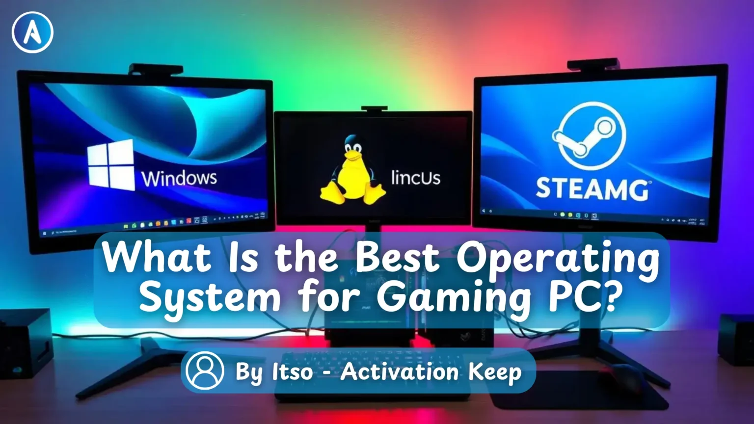 Gaming PC with multiple operating system logos displayed on monitors showing the best operating system for gaming PC options
