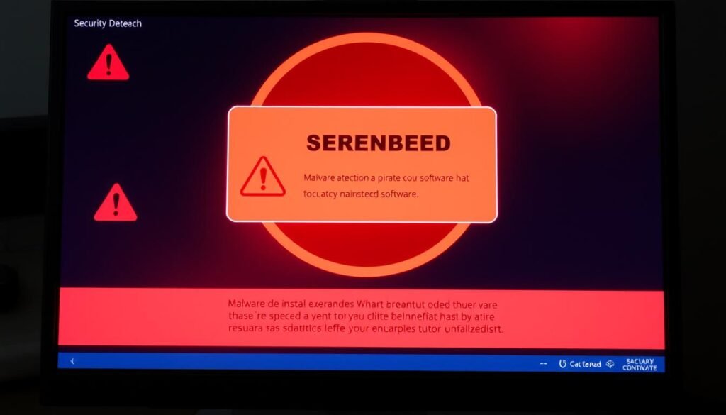 Computer security warning showing malware detection from pirated software