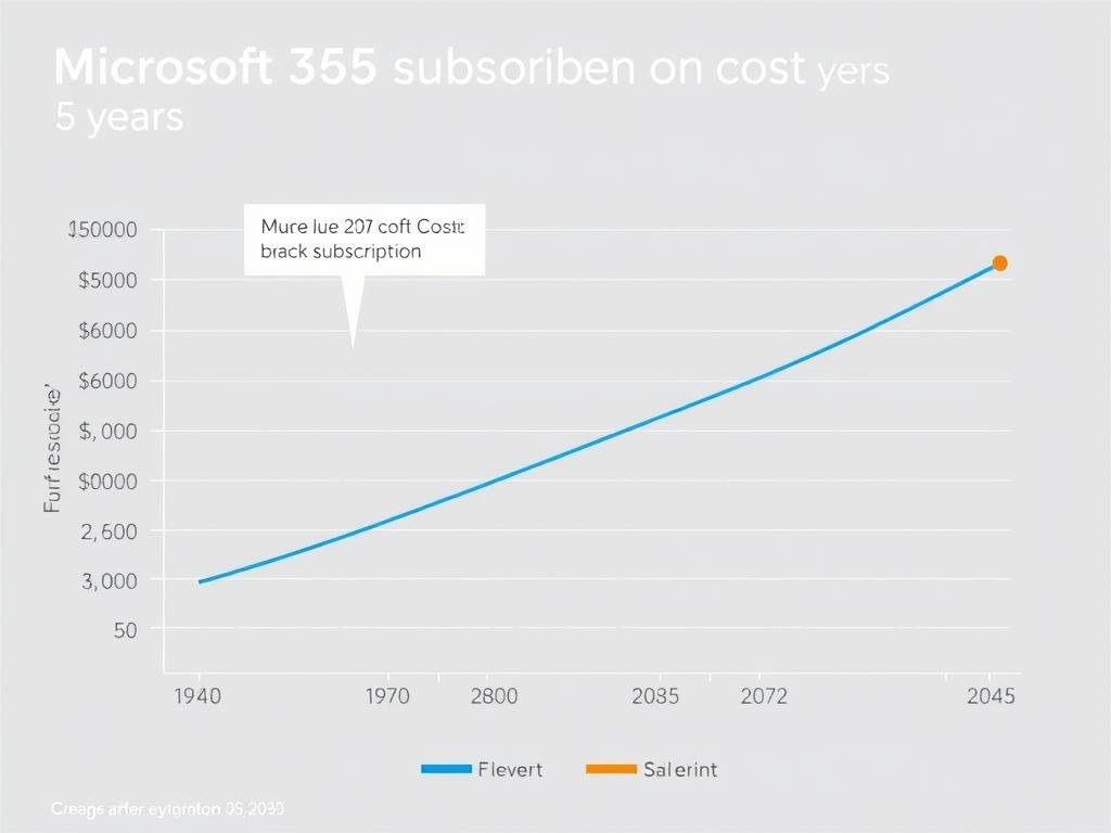 Cost comparison chart showing subscription vs one-time purchase costs for Microsoft Word and Excel over 5 years