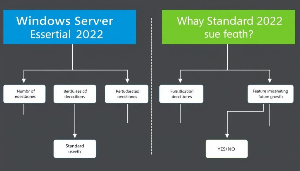 Decision flowchart for choosing between Windows Server 2022 Essentials vs Standard