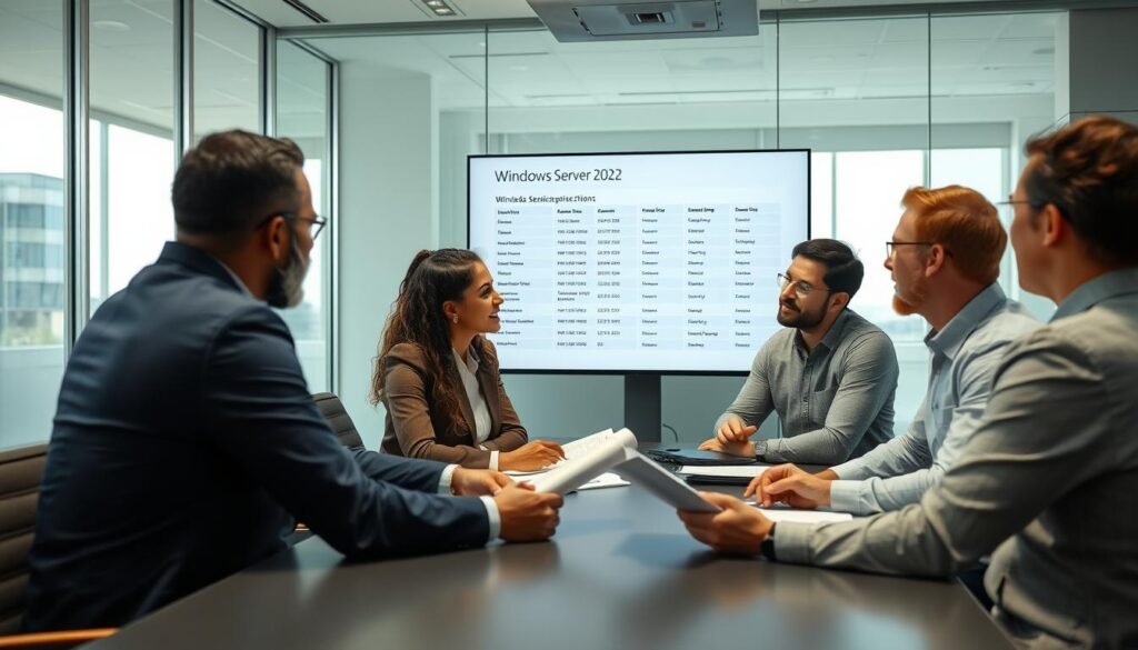 IT professionals discussing Windows Server 2022 options in a business meeting