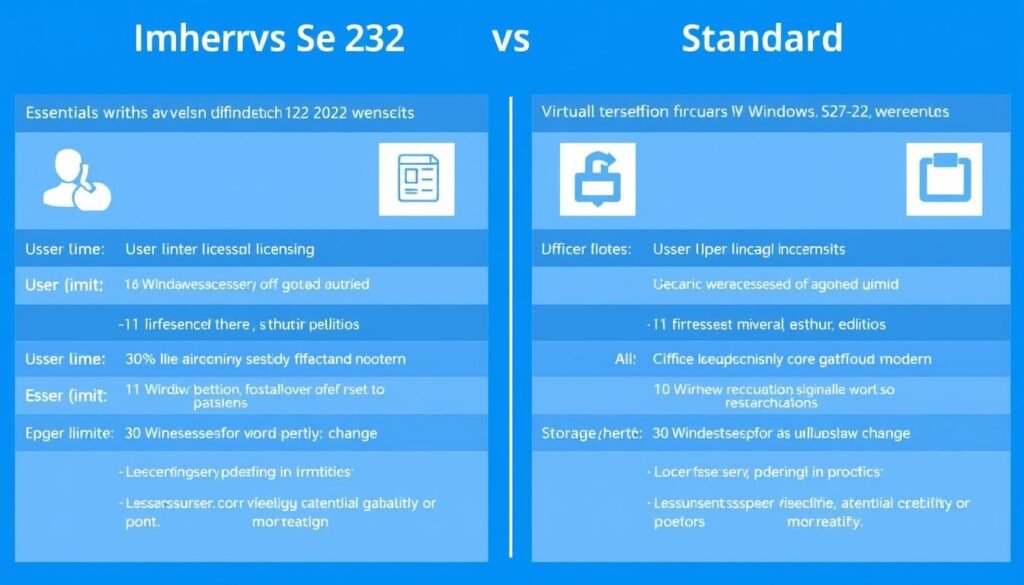 Infographic comparing Windows Server 2022 Essentials vs Standard features and limitations