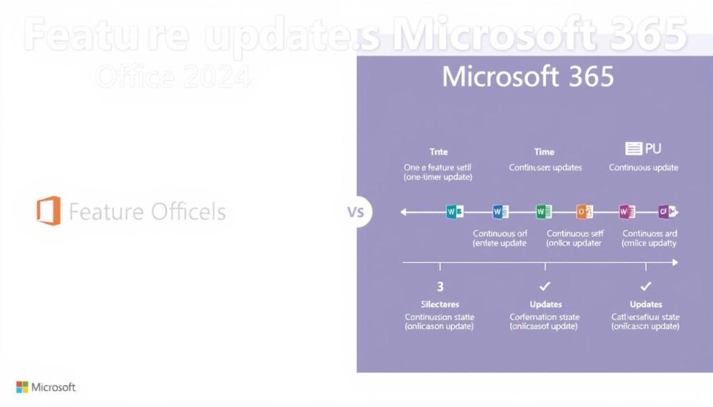Office 2024 vs Microsoft 365 feature update comparison showing static vs continuous updates