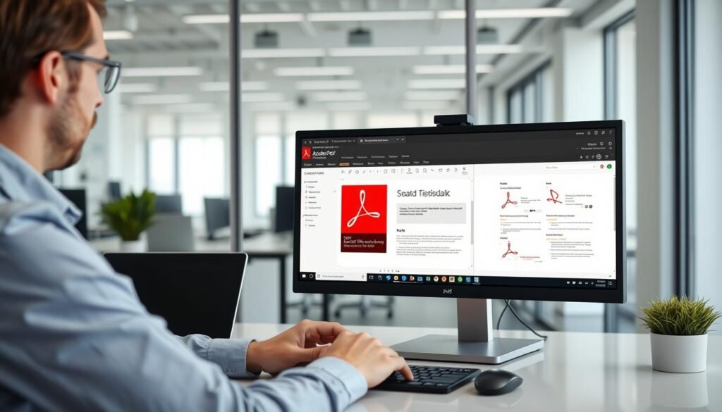 Professional using Adobe Acrobat Pro 2021 to edit business documents