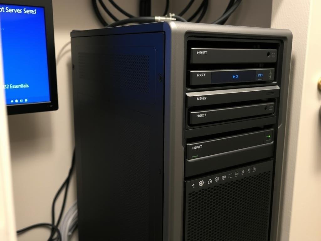 Small business server room with Windows Server 2022 Essentials deployment