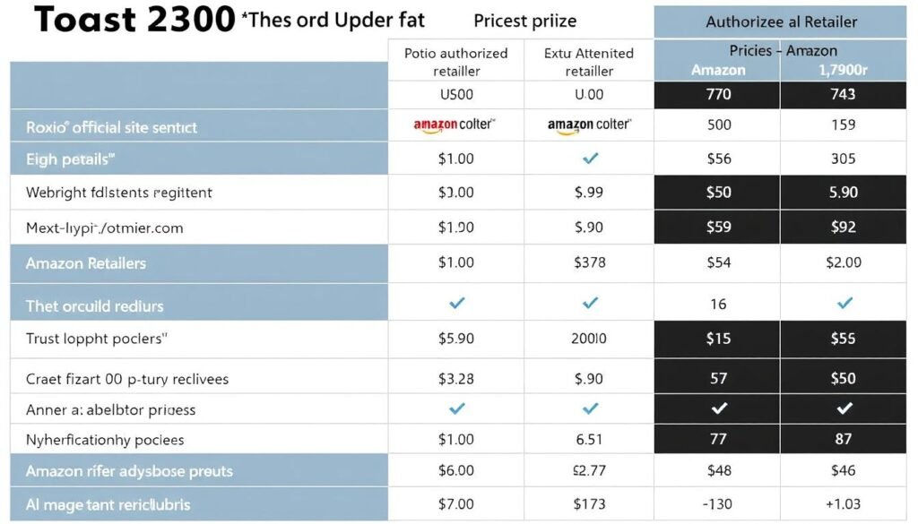 Toast 20 Pro pricing comparison chart showing different retailers
