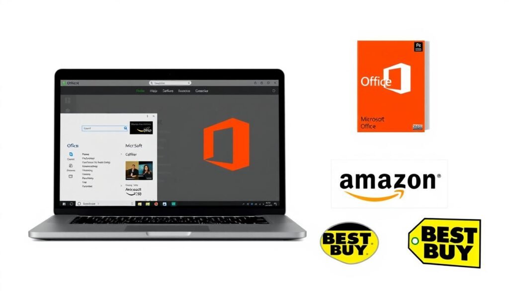 Various purchase options for buying Microsoft Office without subscription including Microsoft Store, retail box, and third-party retailers