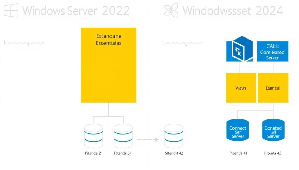 Windows Server 2022 licensing diagram showing the different models for Essentials and Standard