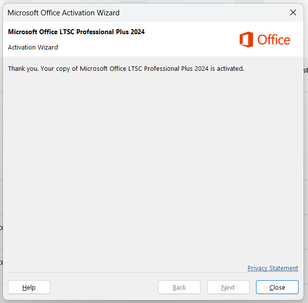 Office 2024 activated confirmation screen